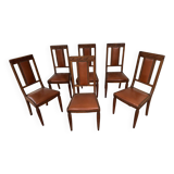 6 Art Deco walnut and leather chairs