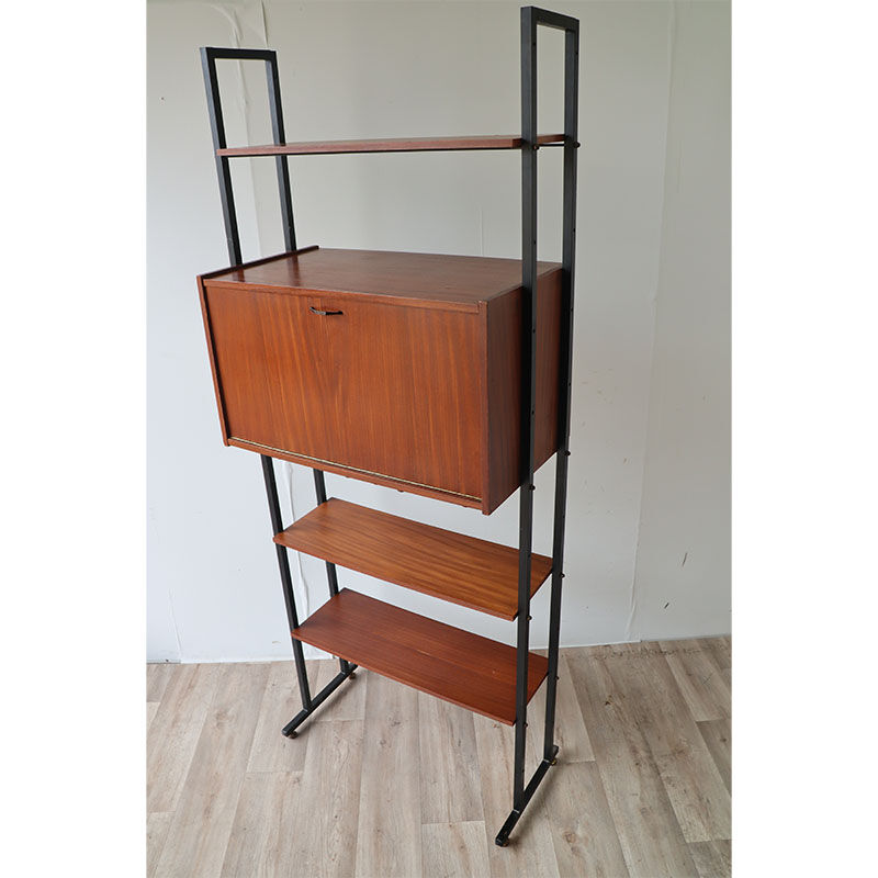 Bibliothèque vintage modulable avec étagères en bois et métal 1960