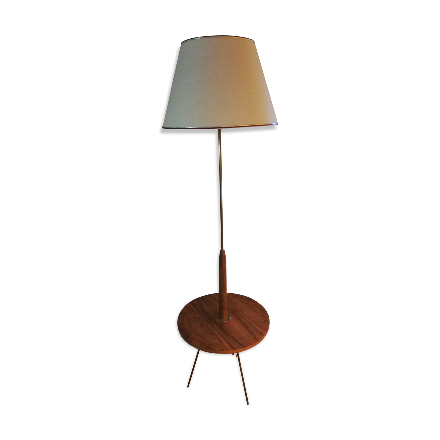 60s walnut and brass tripod lamp