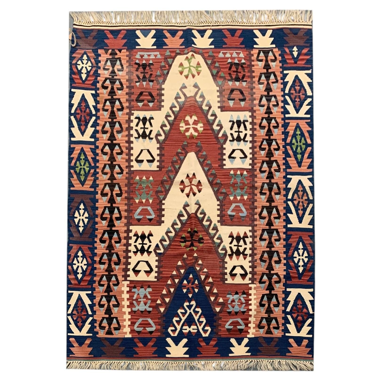 Antique Turkish Mihrabi Kilim Rug, Anatolian Geometric Rustic Carpet
