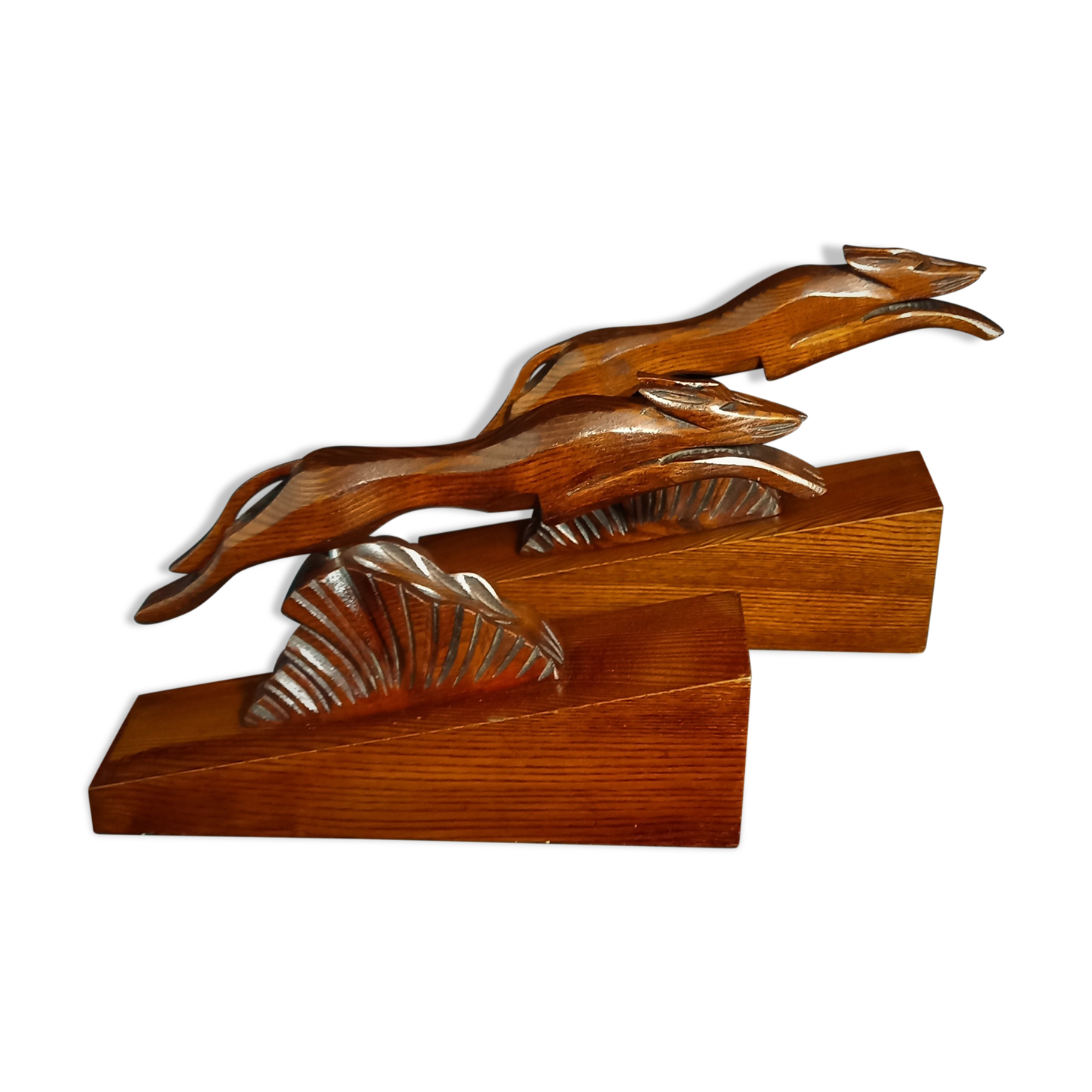 Pair of art deco wooden bookends with greyhounds
