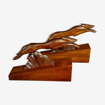 Pair of art deco wooden bookends with greyhounds