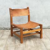 Armchair in solid elm and leather Maison Regain 1970