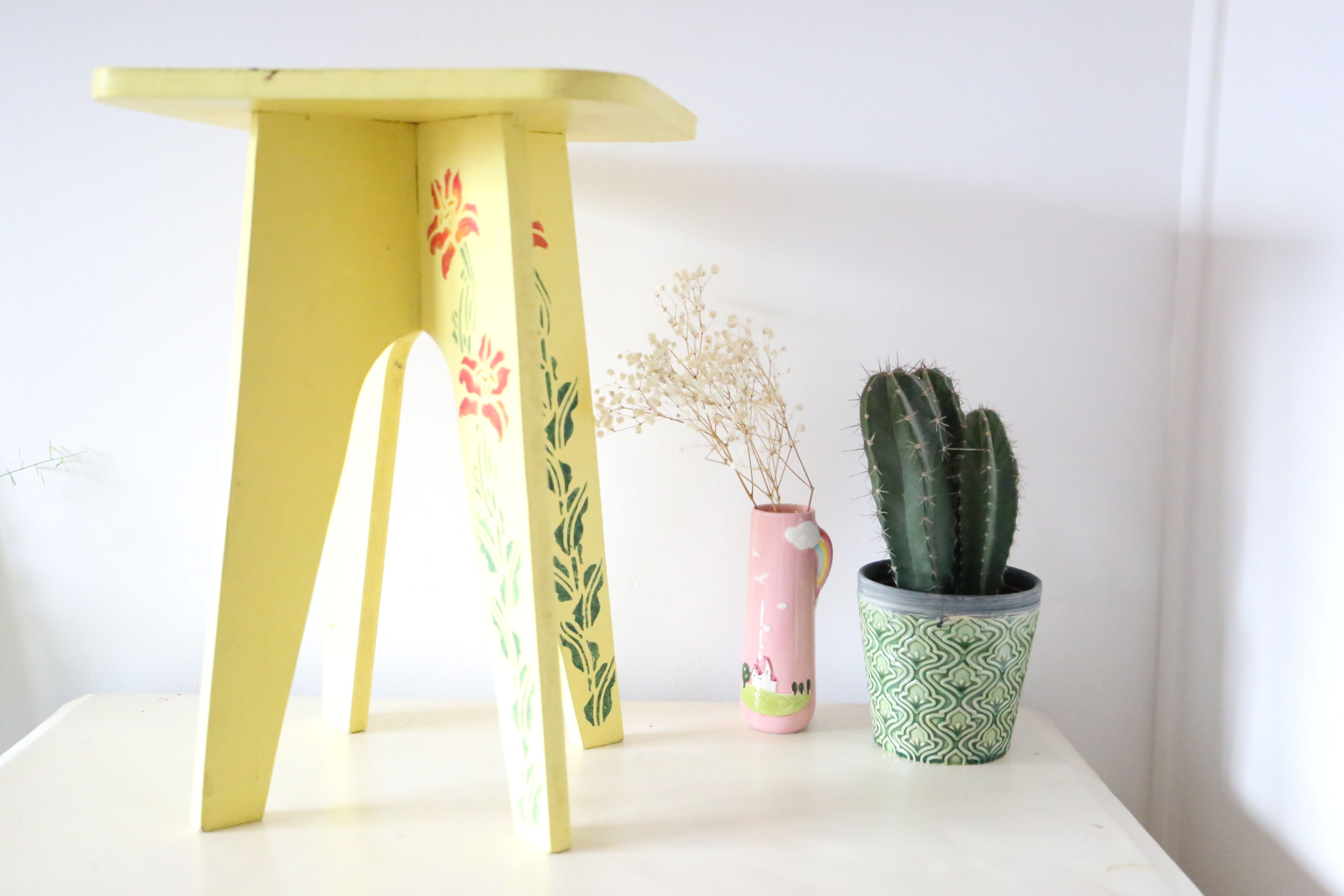 Wooden tabouret, hand-painted, vintage French Copy