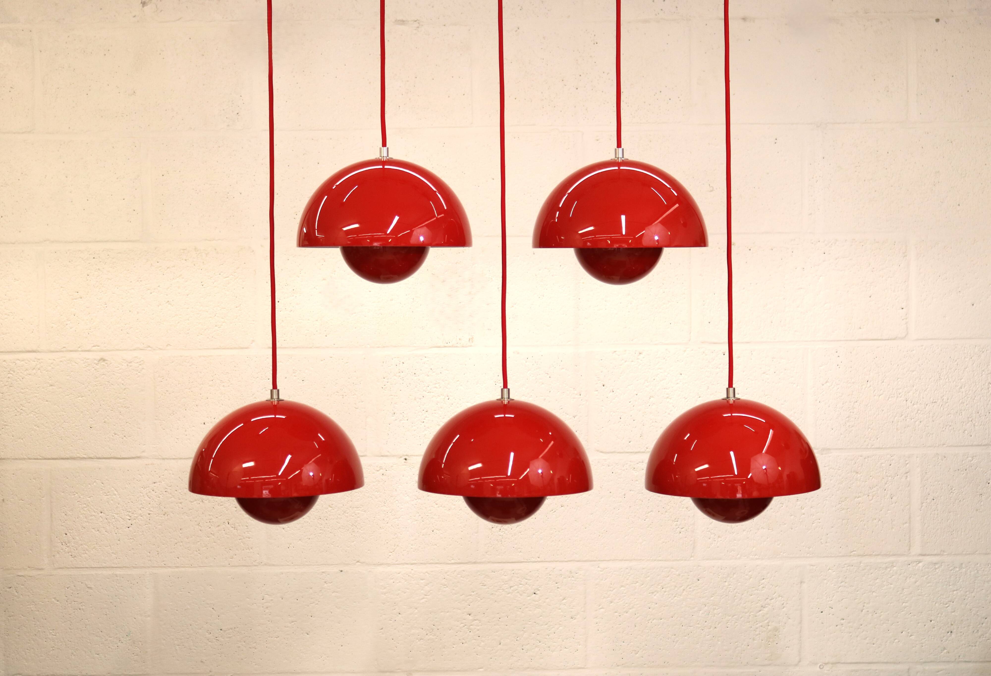 Iconic VP1 cherry red enamel flowerpot lamps designed by Verner Panton - &t