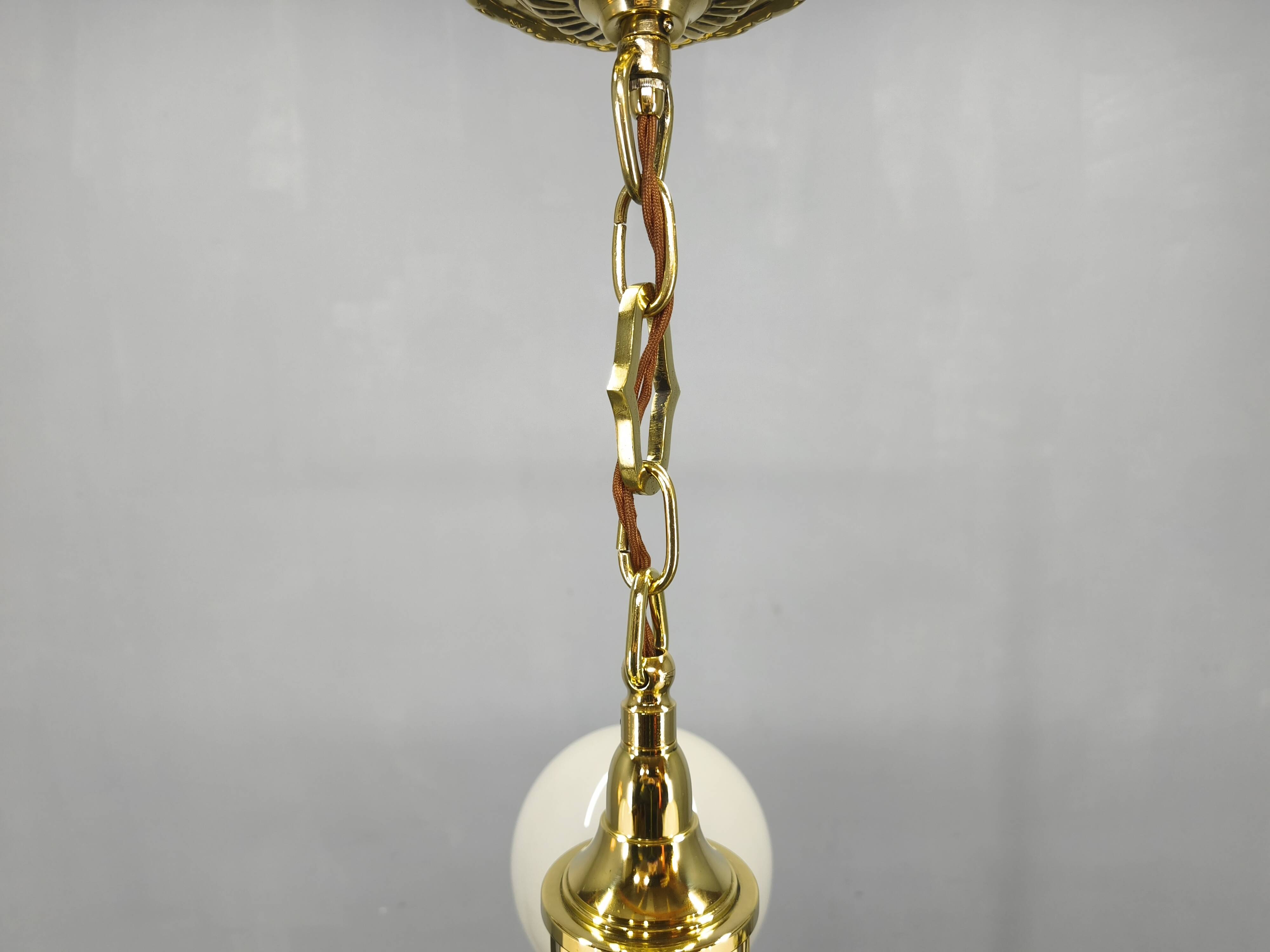 Art Deco Brass and Opaline Glass Chandelier, Czechoslovakia