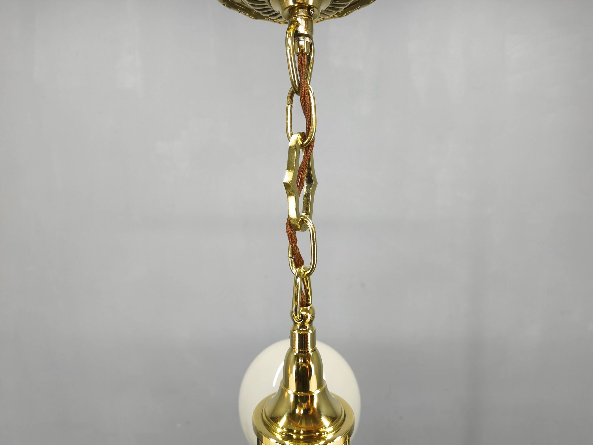 Art Deco Brass and Opaline Glass Chandelier, Czechoslovakia