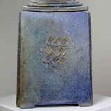 Large triangular raku box, handcrafted, signed, vintage 90s