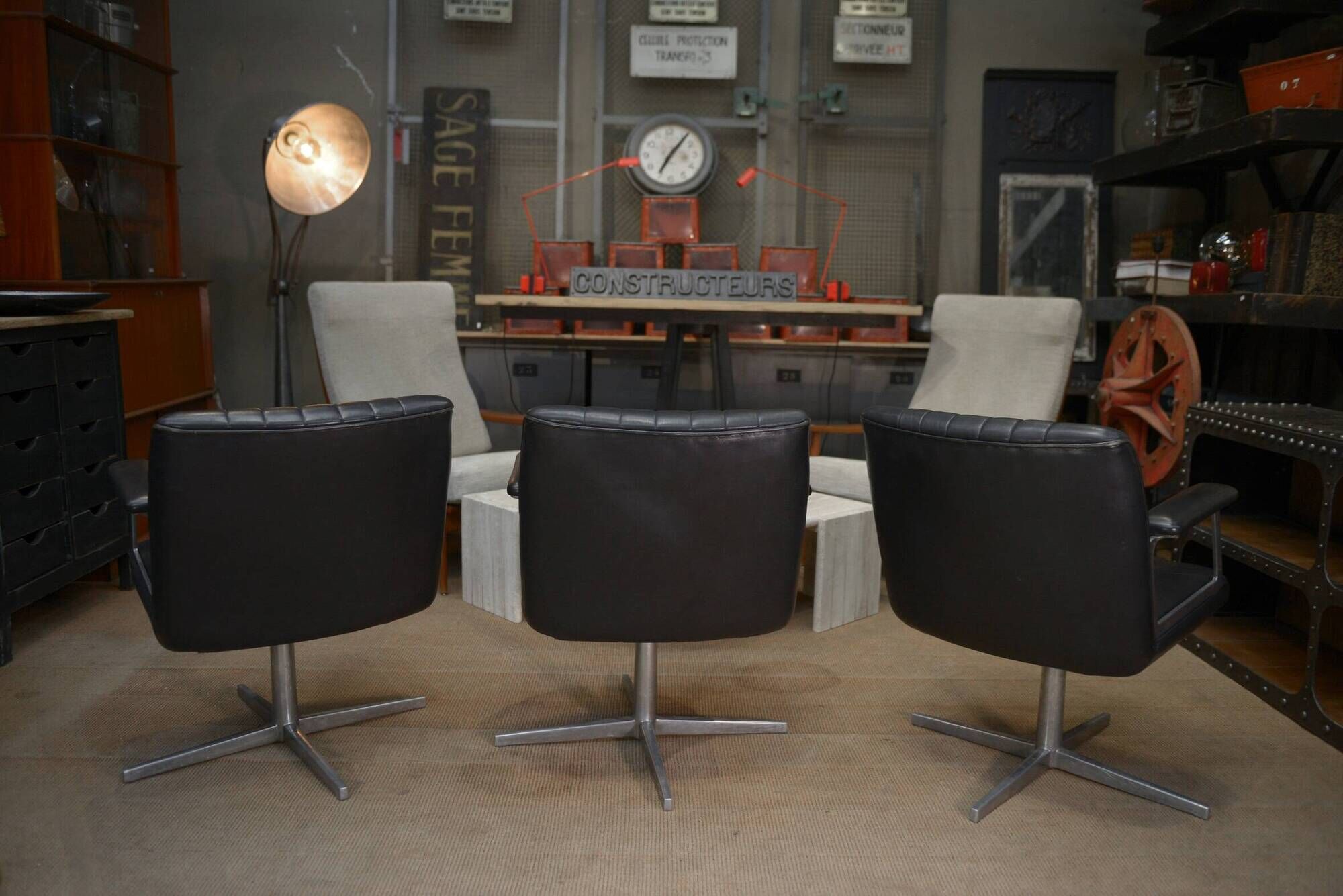 Set of 3 designer swivel metal leather office armchairs 1970