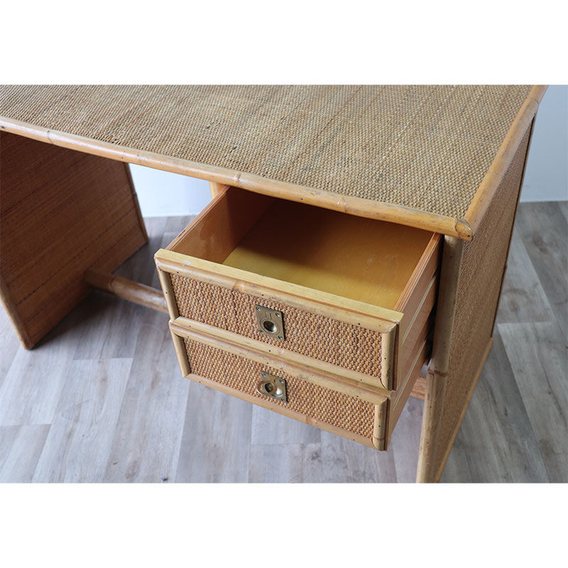 Bureau vintage Dal Vera en bambou et osier 1970