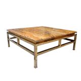 Table basse Guy Lefevre maison Jansen, laiton doré et travertin