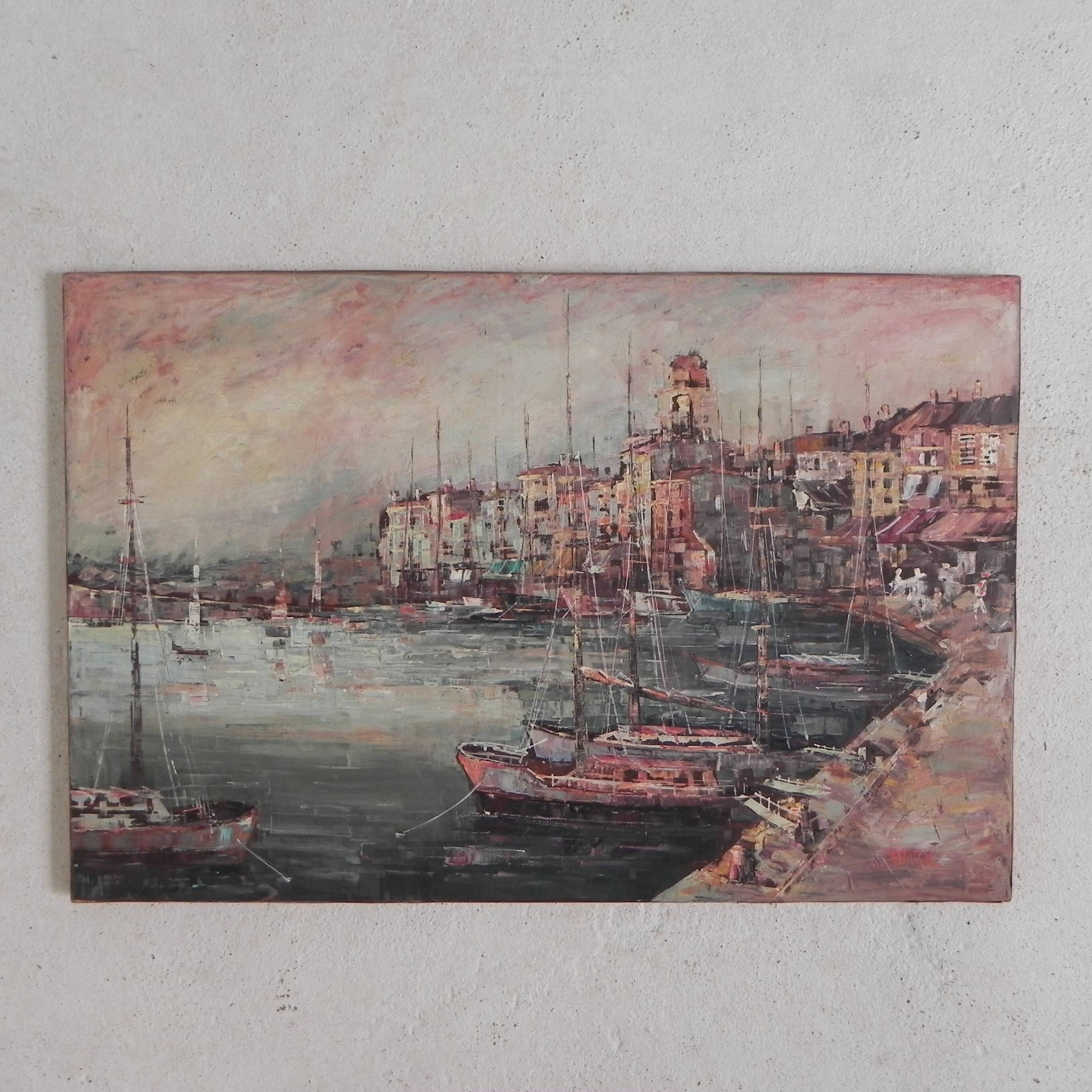 Painting of a cityscape with a harbour, Harry Dedic, 1960s