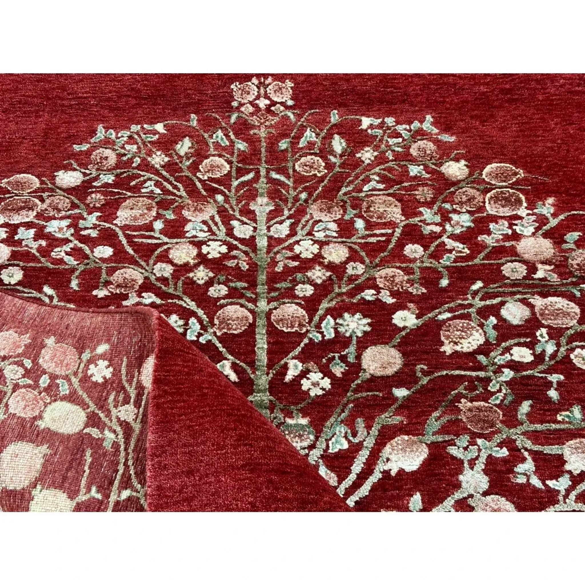 Hand-Knotted Red Area Rug with Botanical Tree Design for Living Room
