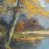 Painting signed neuville – 1950 – forest landscape