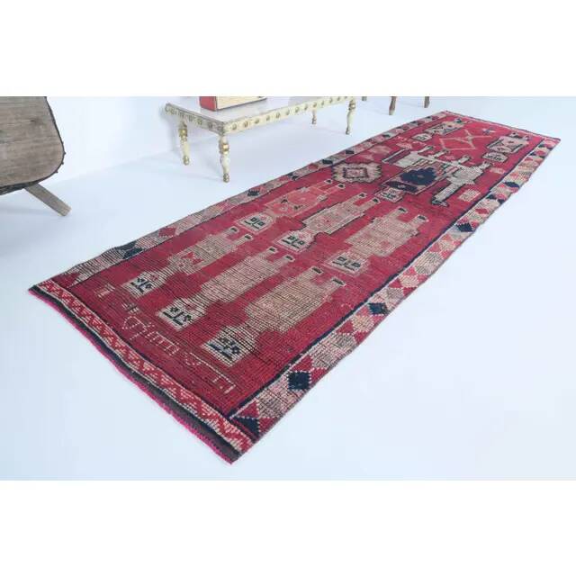 Vintage Turkish Hand-Knotted Wool Cotton Purple Runner 90x288