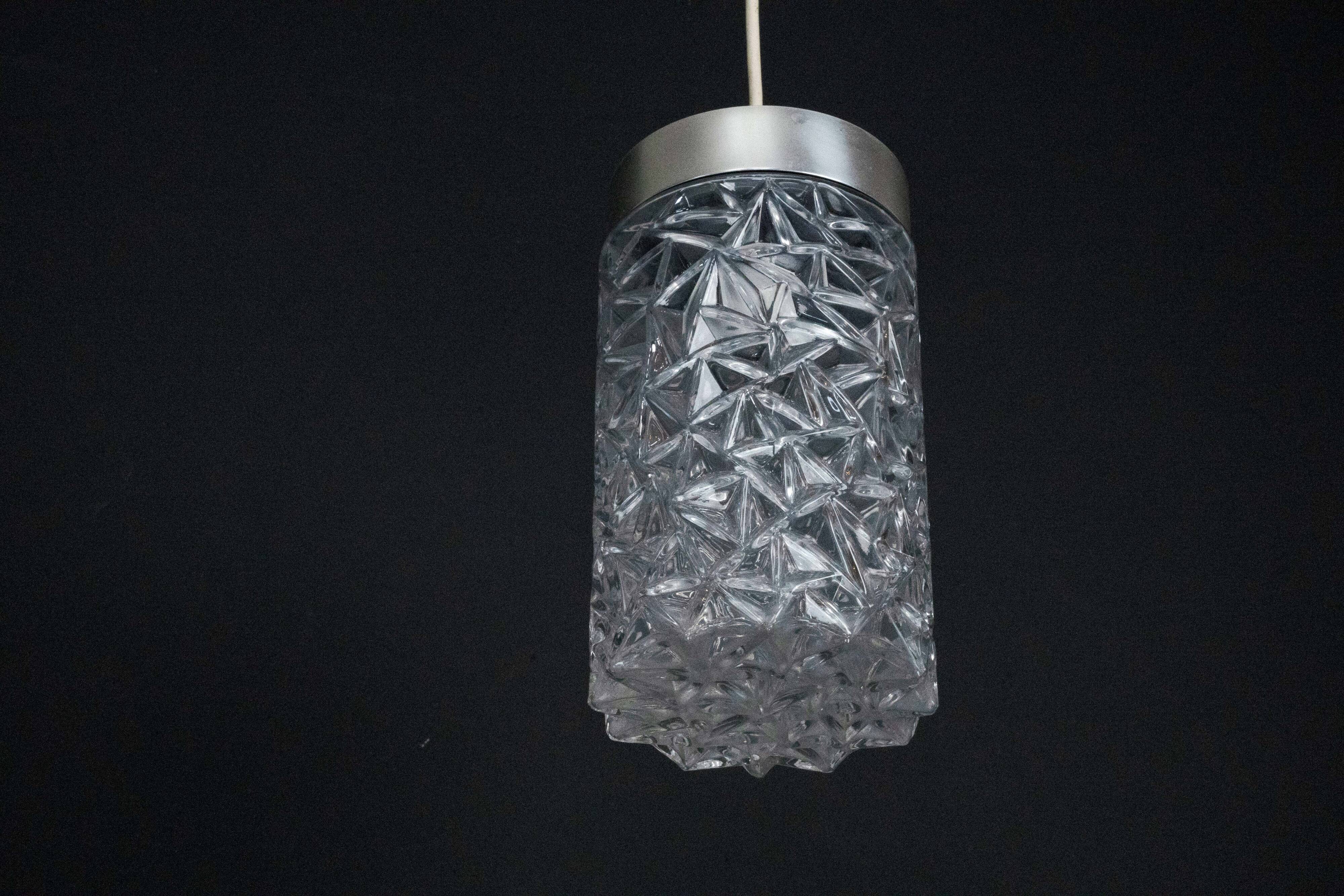 Pair of Italian Pendant Lights in Glass and Polished Aluminum, 1970s