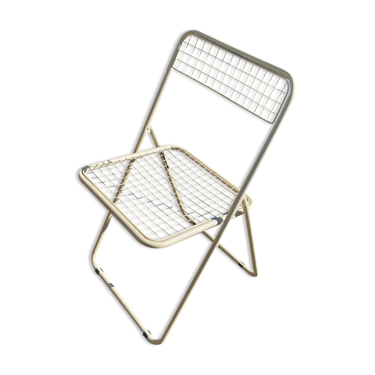 Folding chair in beige grid metal 1980