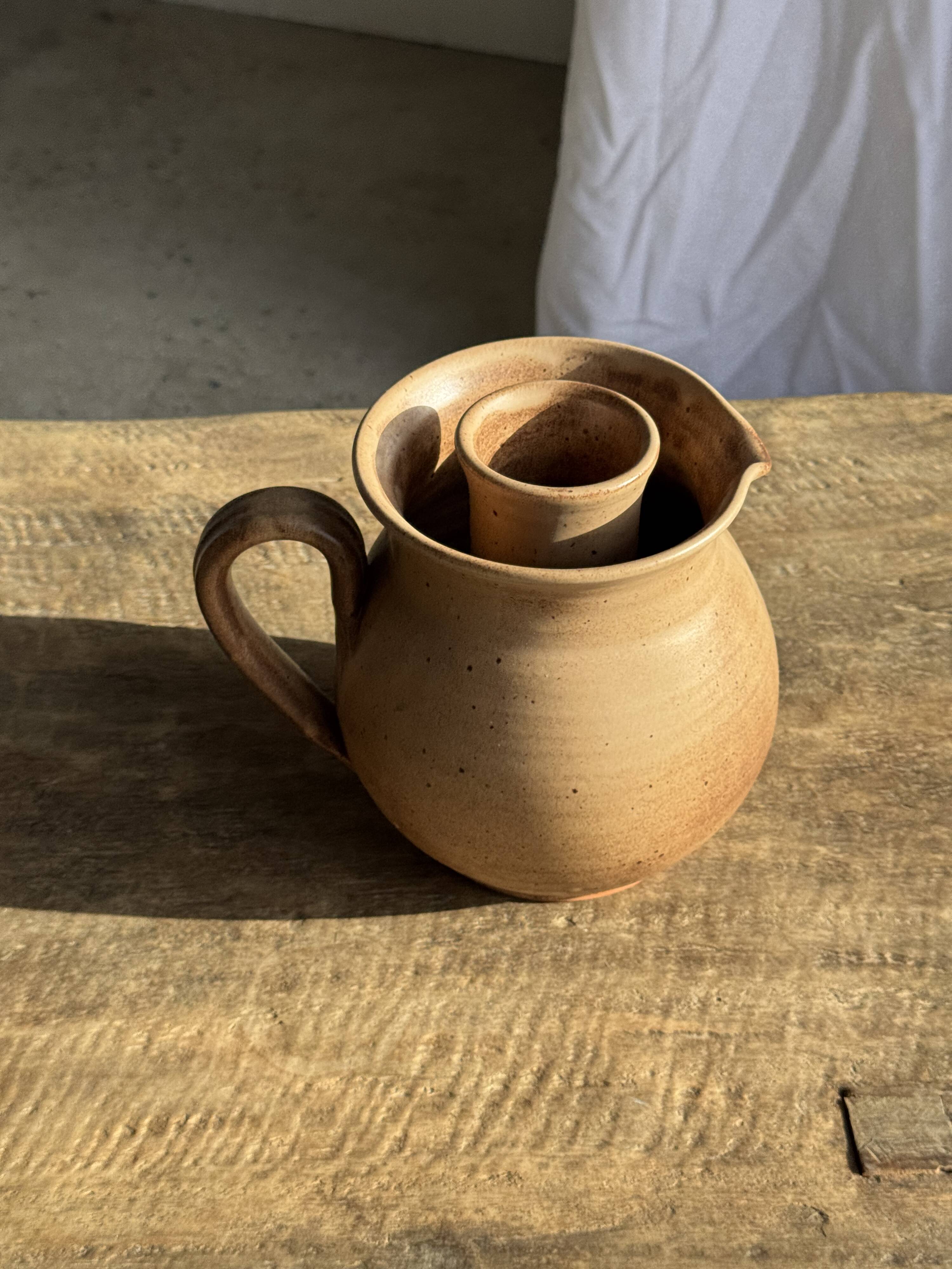 Vintage brutalist stoneware pink wine cooler pitcher H19