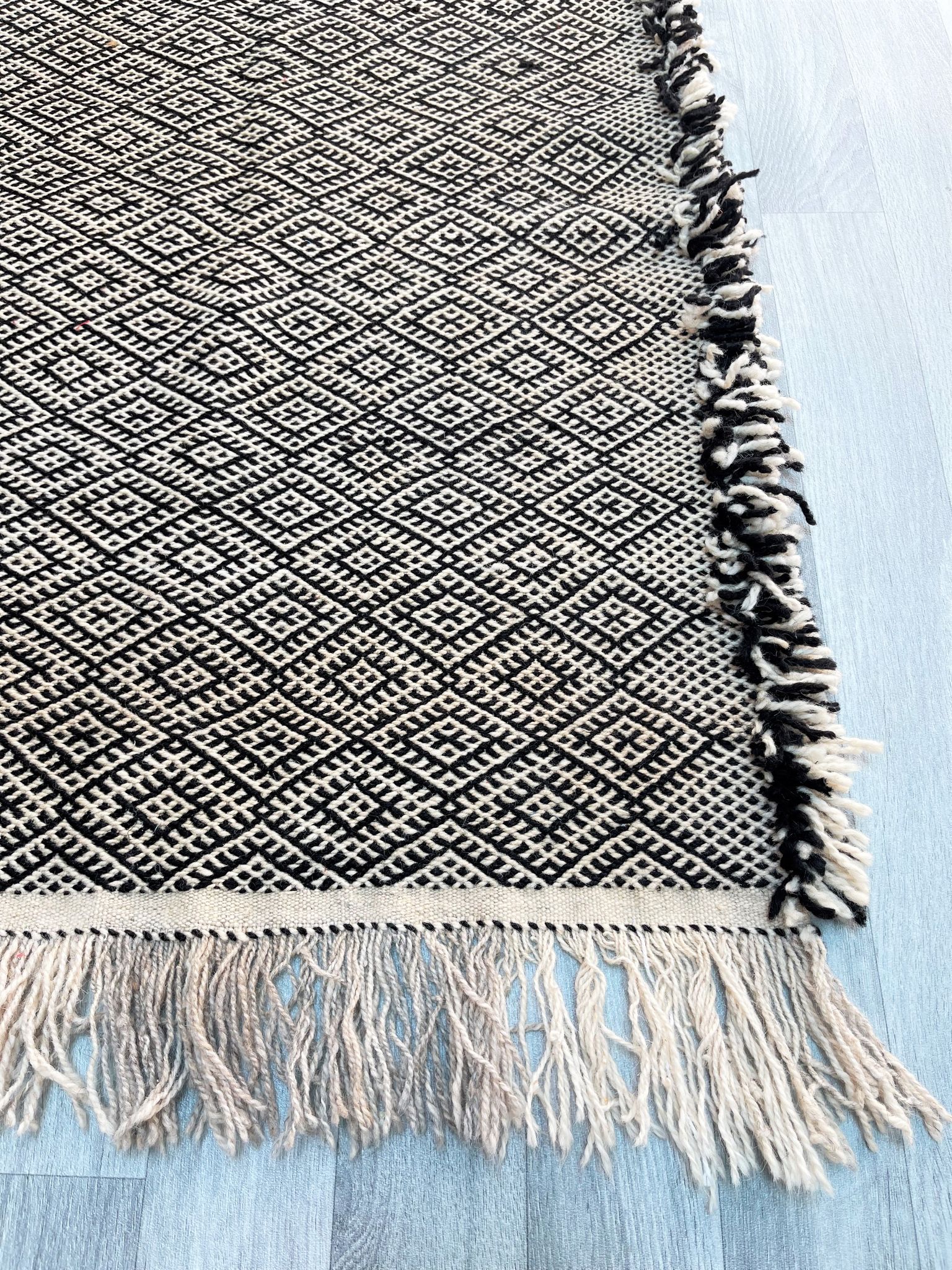 Zanafi Runner Rug, handmade Moroccan rug, flat Berber wool runner, geometric rug.