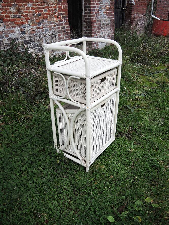 Old White Rattan Linen Cabinet
