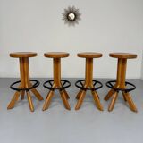 Set of 4 solid elm bar stools, vintage 70s design