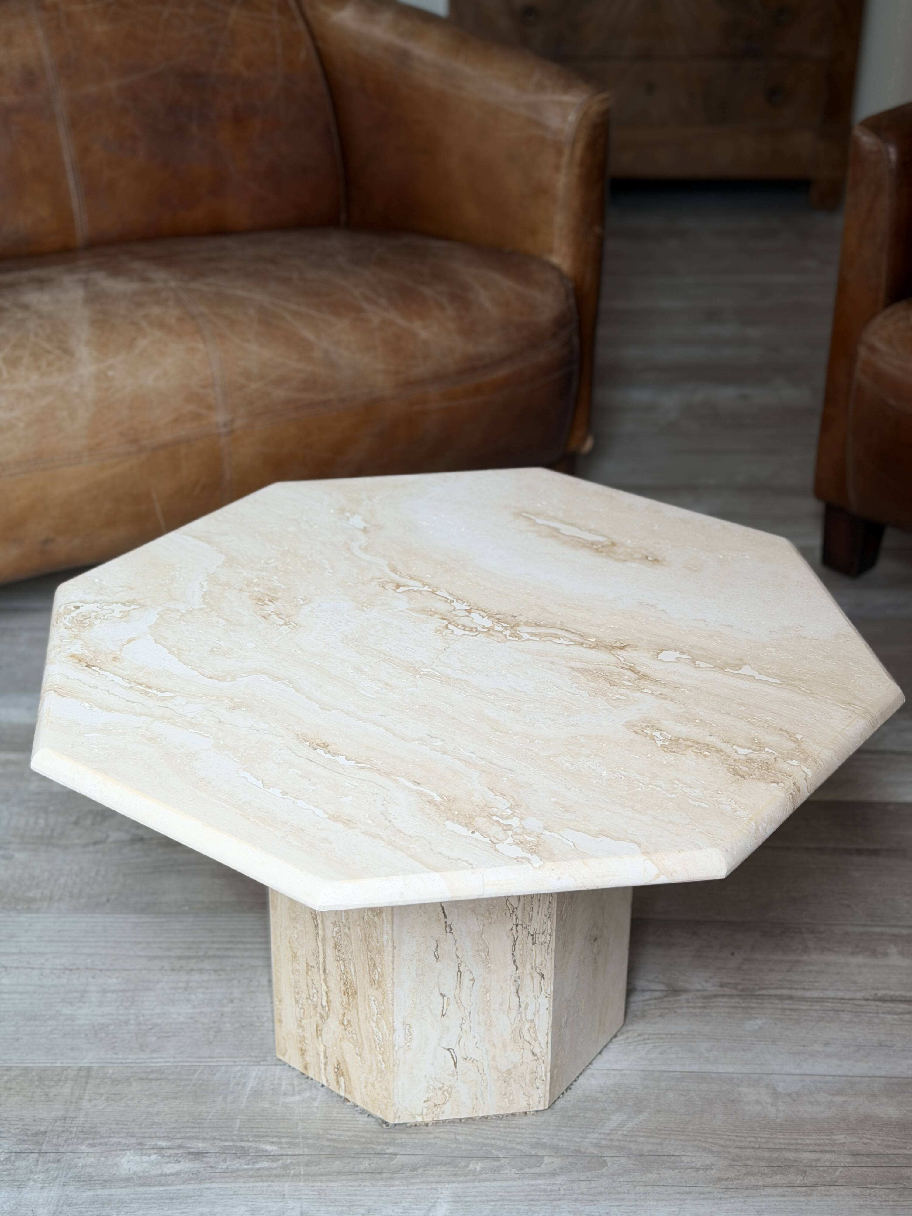 Postmodern octagonal coffee table in Italian travertine, 1970.