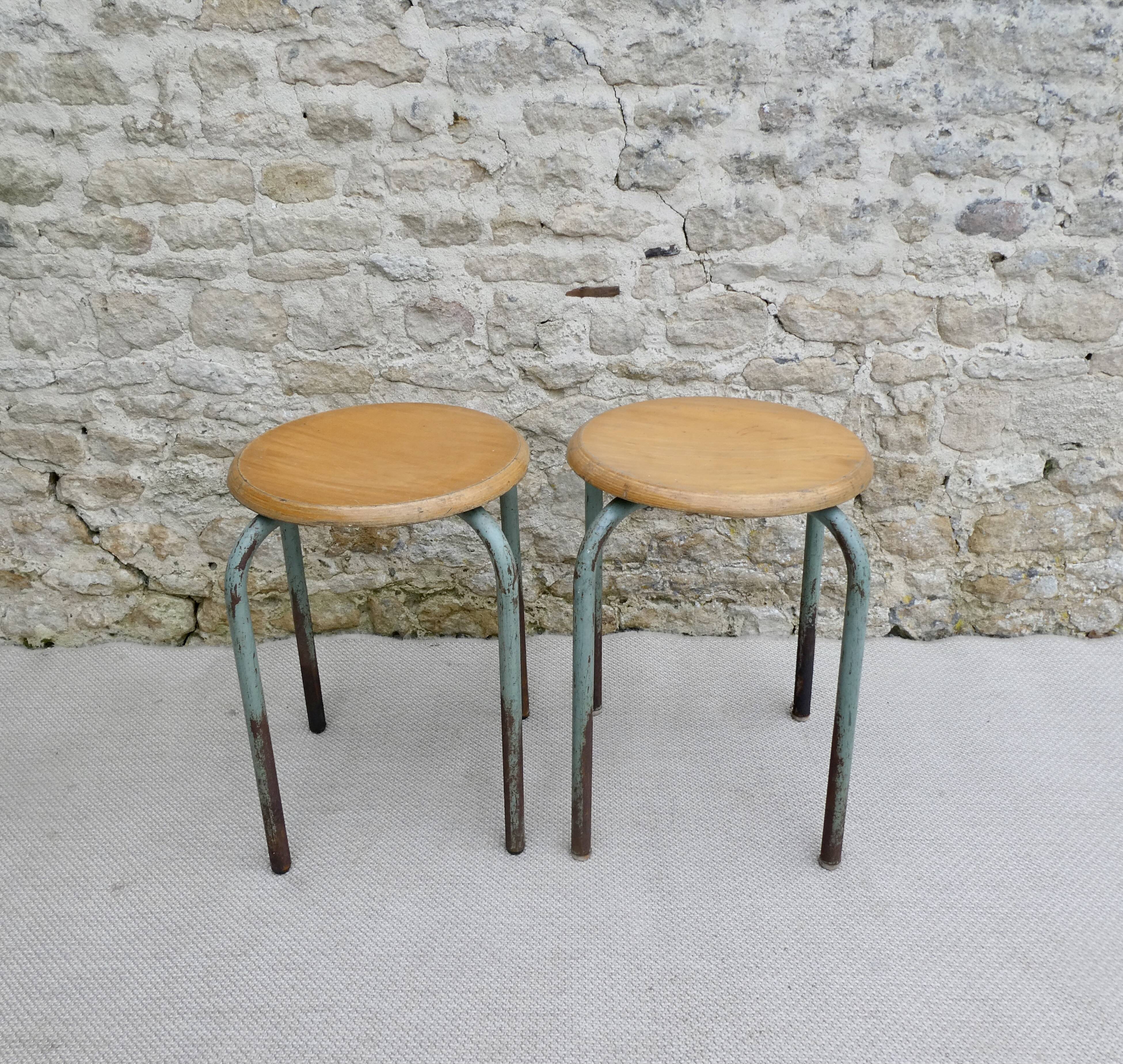 Pair of school stools in wood and metal