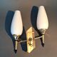 Small two-light wall lamp, white opaline and gilded brass, Circa 1960.