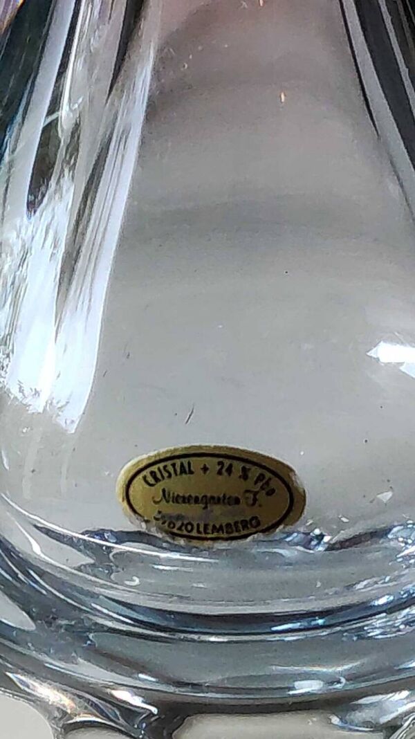 Vase vintage/Cristal de Lemberg/Nierengarten F. Design florale, col polylobés. Tons orangés. Dim 22 x 14 cm