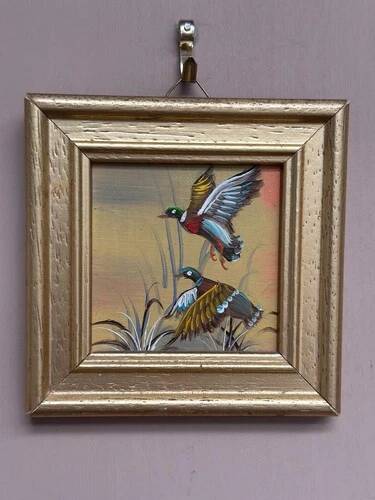 Mid-Century Oil on Panel “ Birds” by Unkown, Vintage & Framed 11 × 11 cm