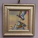 Mid-Century Oil on Panel “ Birds” by Unkown, Vintage & Framed 11 × 11 cm