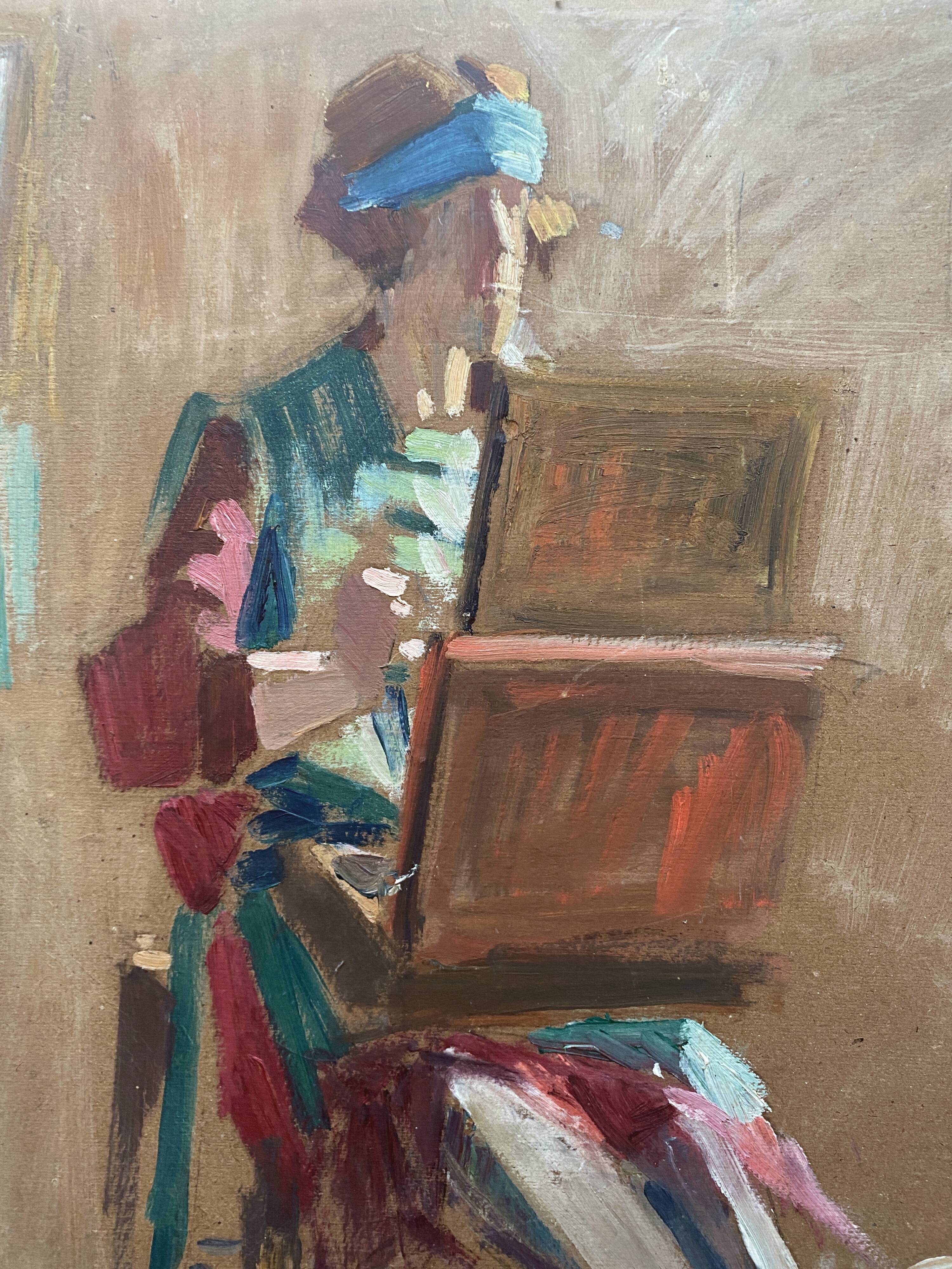 Two-sided painting "The Artist at Work + Landscape" HSP signed E. Bullio (circa 1920)