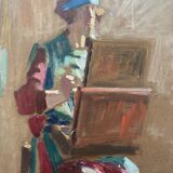 Two-sided painting "The Artist at Work + Landscape" HSP signed E. Bullio (circa 1920)