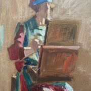 Two-sided painting "The Artist at Work + Landscape" HSP signed E. Bullio (circa 1920)