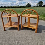 Pair of bedside tables in wood and woven straw - around 1960.