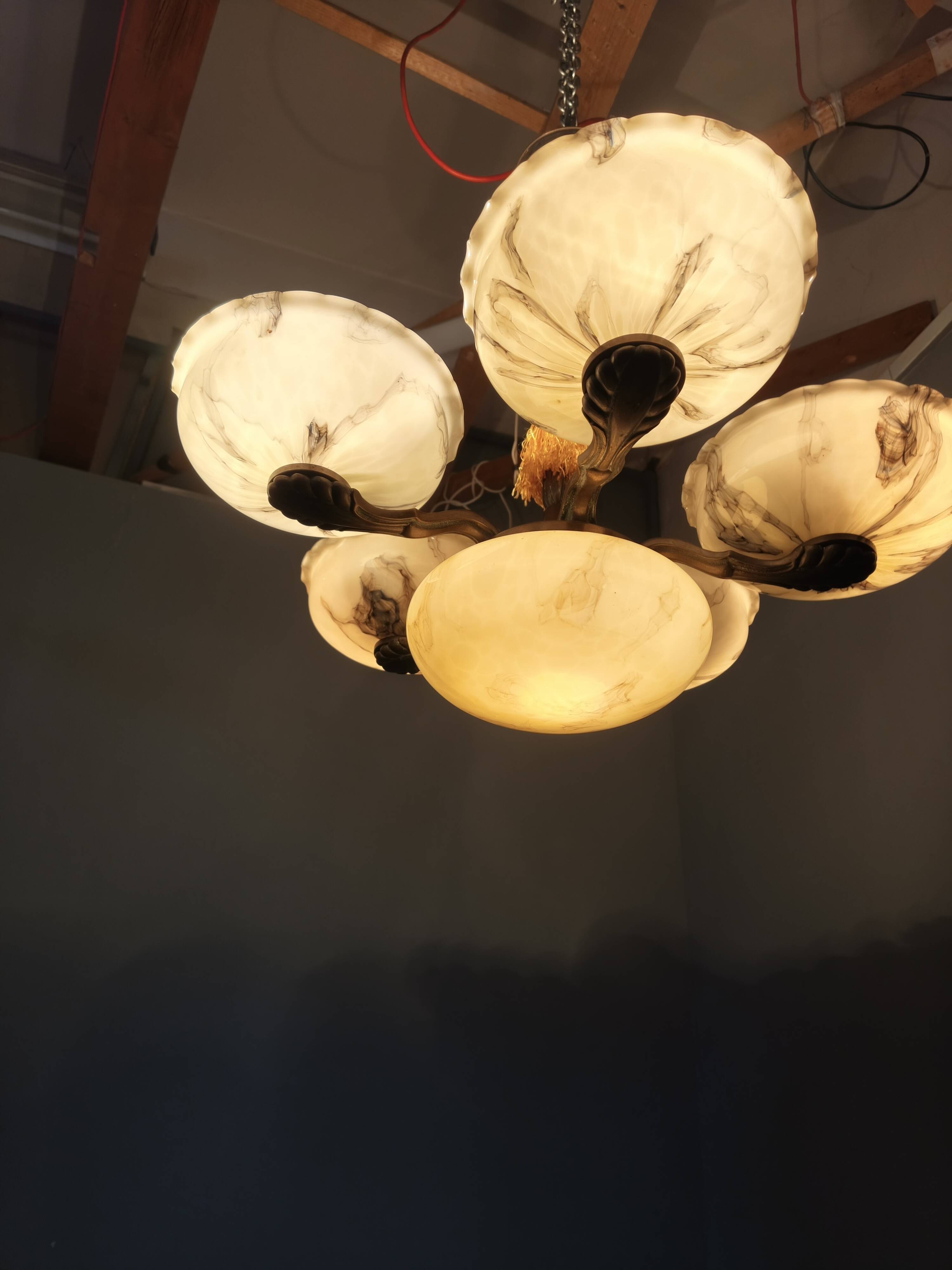 1940s Czech Art Deco Brass Opaline Glass Chandelier