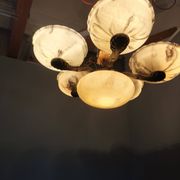 1940s Czech Art Deco Brass Opaline Glass Chandelier