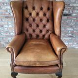 Antieke cuir Chesterfield wingback ourfauteuil Chippendale style cognac