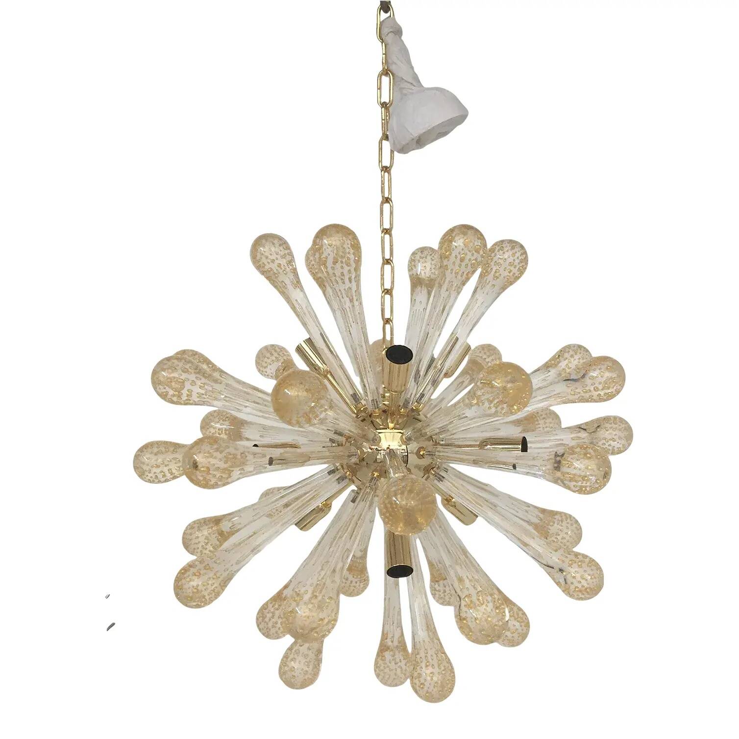 Sputnik Chandelier in Murano Glass with Gold Air Drops and Metal Frame