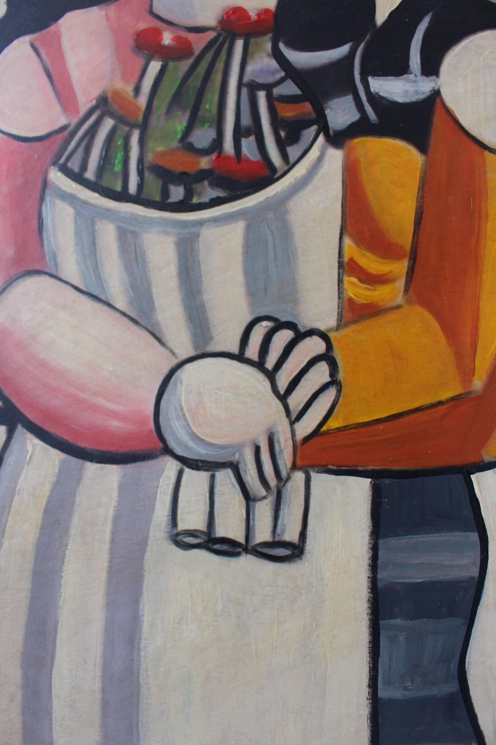 Composition moderne française, peinture à l'huile encadrée, années 1960