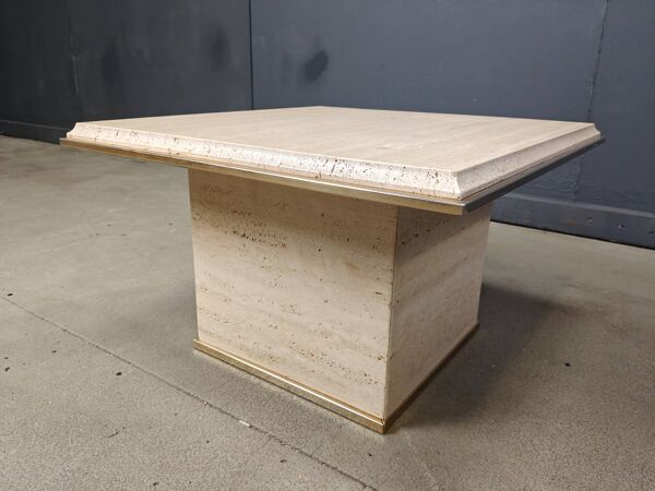 Table basse vintage en travertin et laiton par Fedam, années 1970