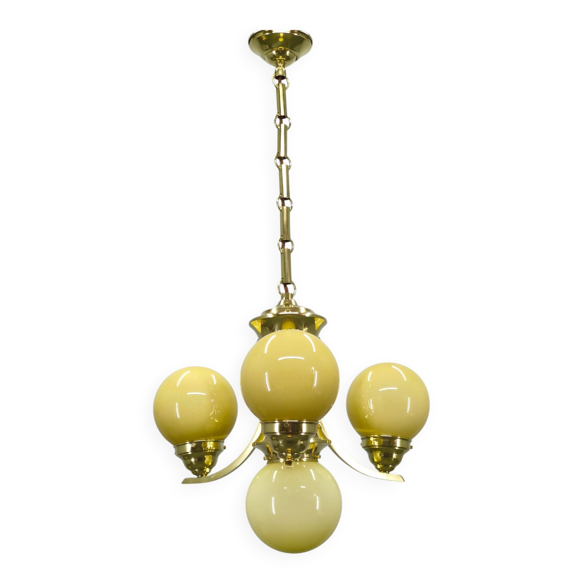 Art Deco Brass and Opaline Glass Chandelier, 1930s