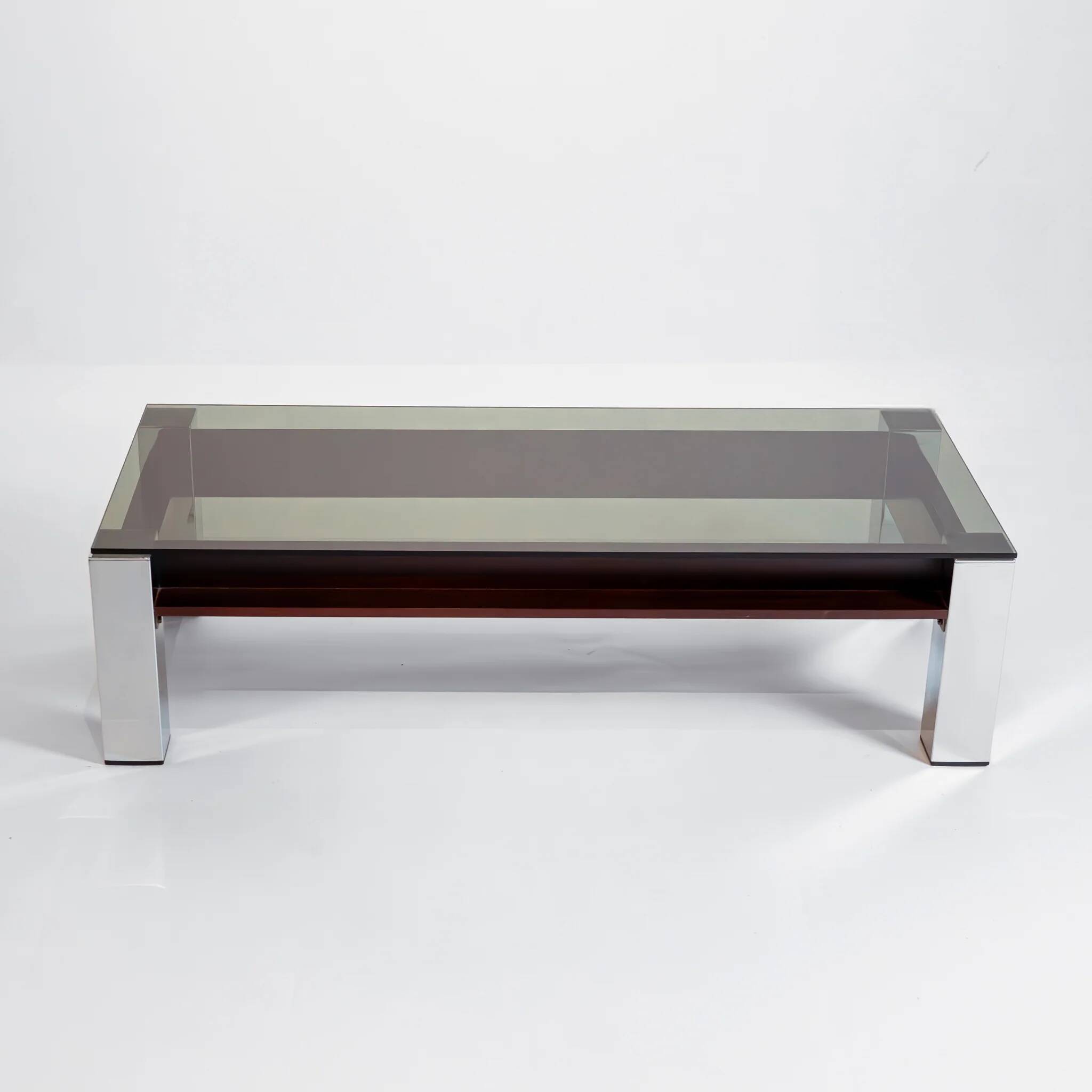 Vintage Italian coffee table with a smoked glass top and chrome structure.