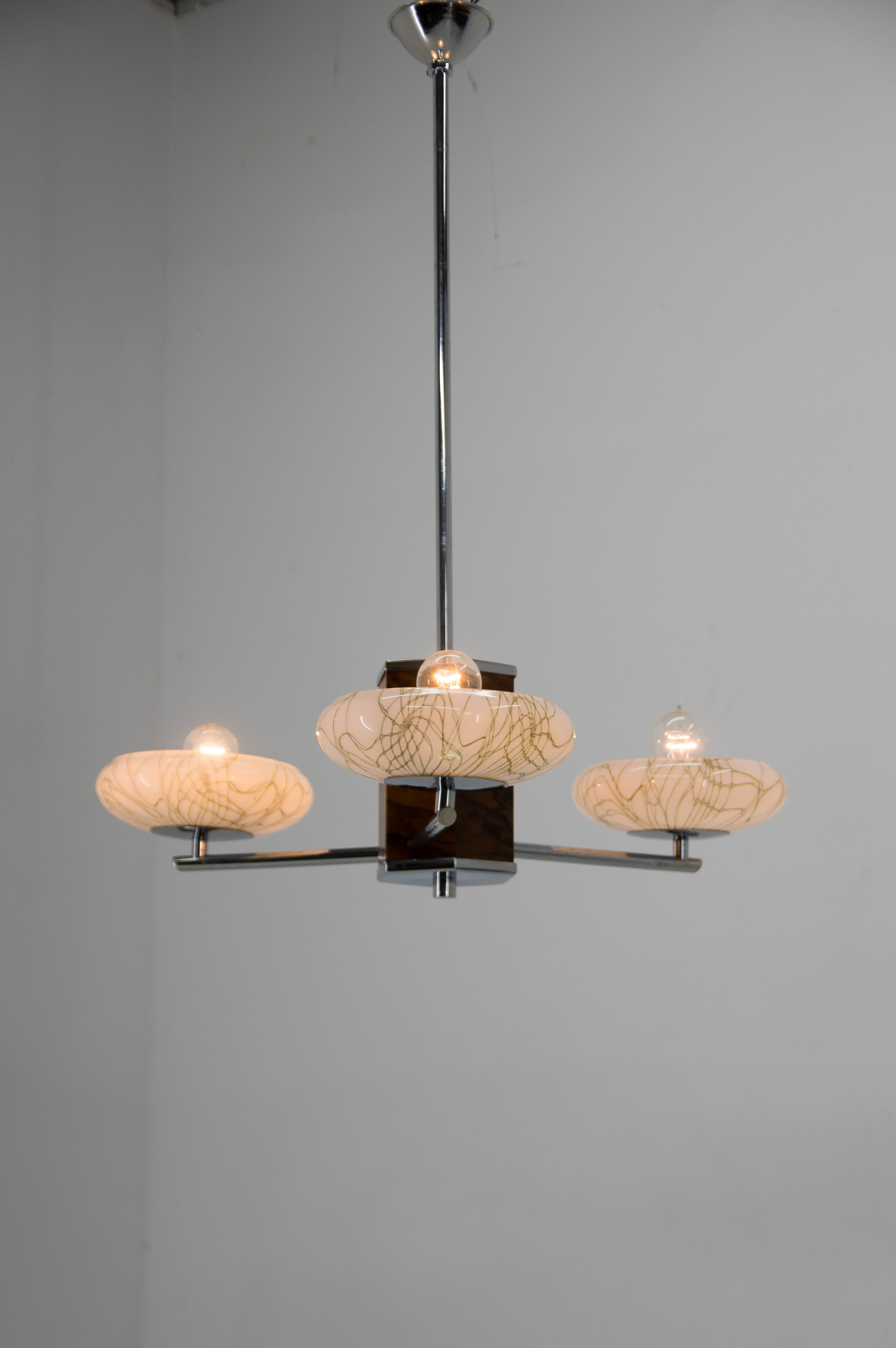 Art deco wood chrome and glass chandelier, 1940s, restored