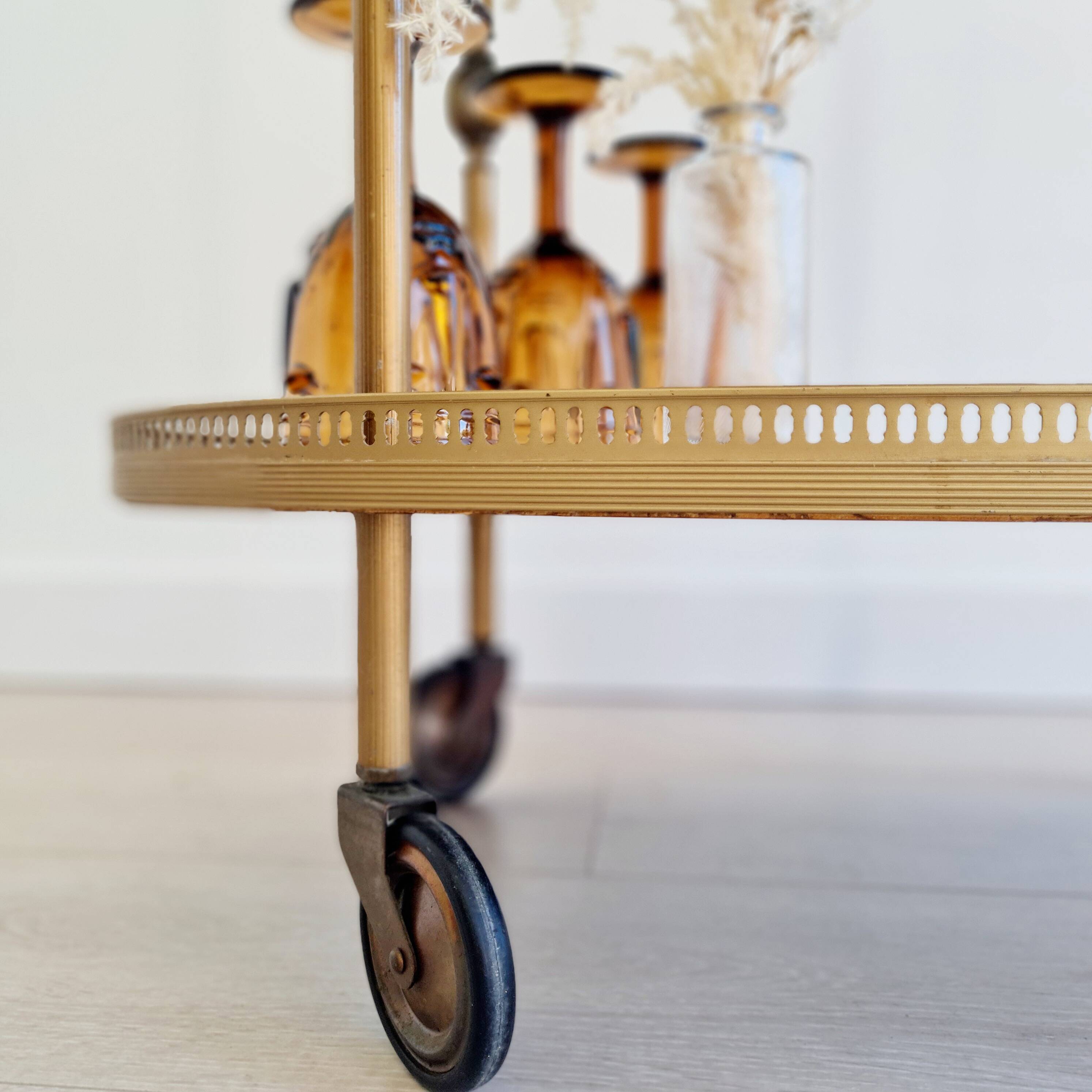 Antique brass rolling oval tray trolley