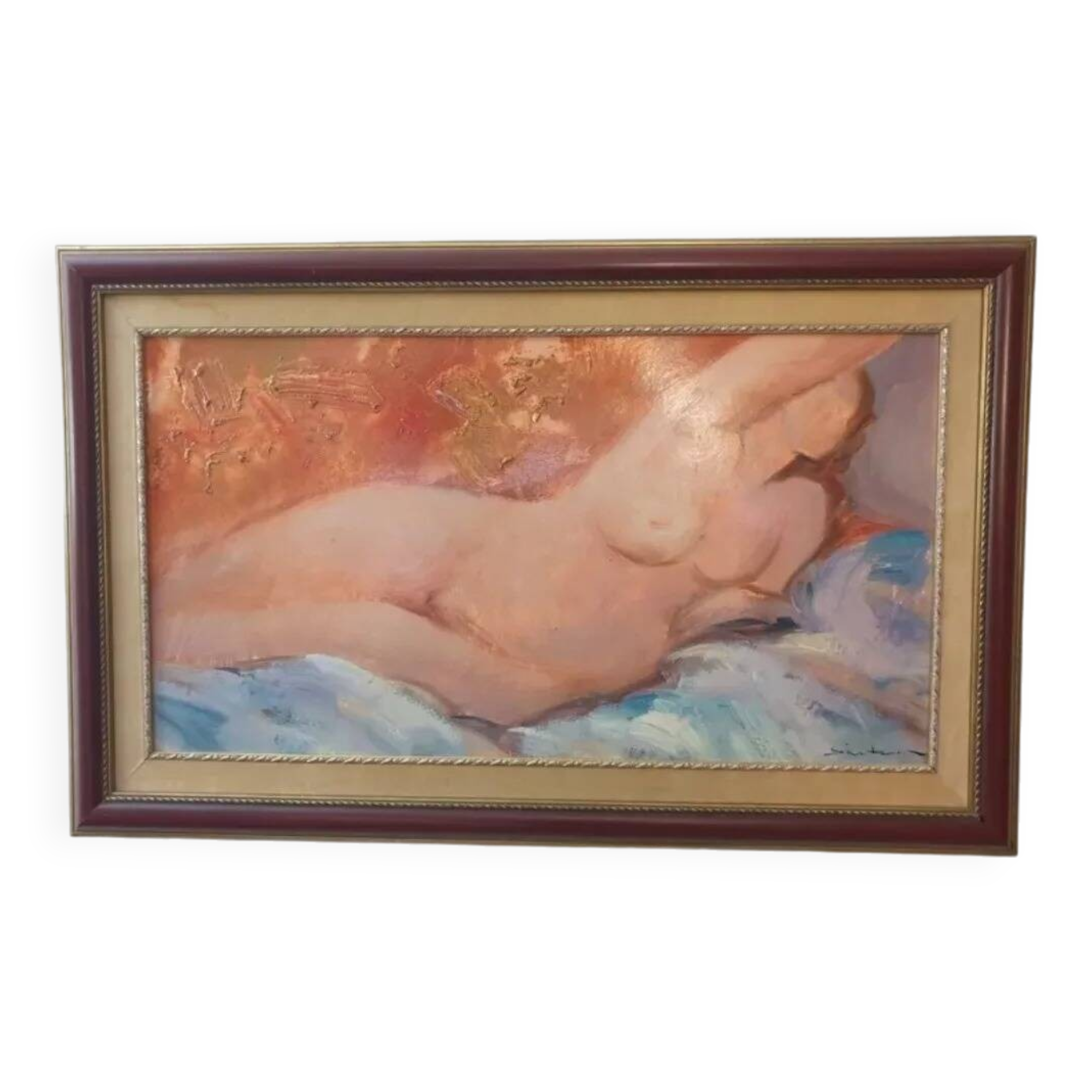 Peinture à l'huile vintage représentant une femme nue allongée du XXe siècle
