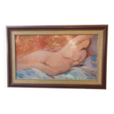 Peinture à l'huile vintage représentant une femme nue allongée du XXe siècle
