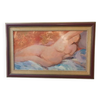 Peinture à l'huile vintage représentant une femme nue allongée du XXe siècle