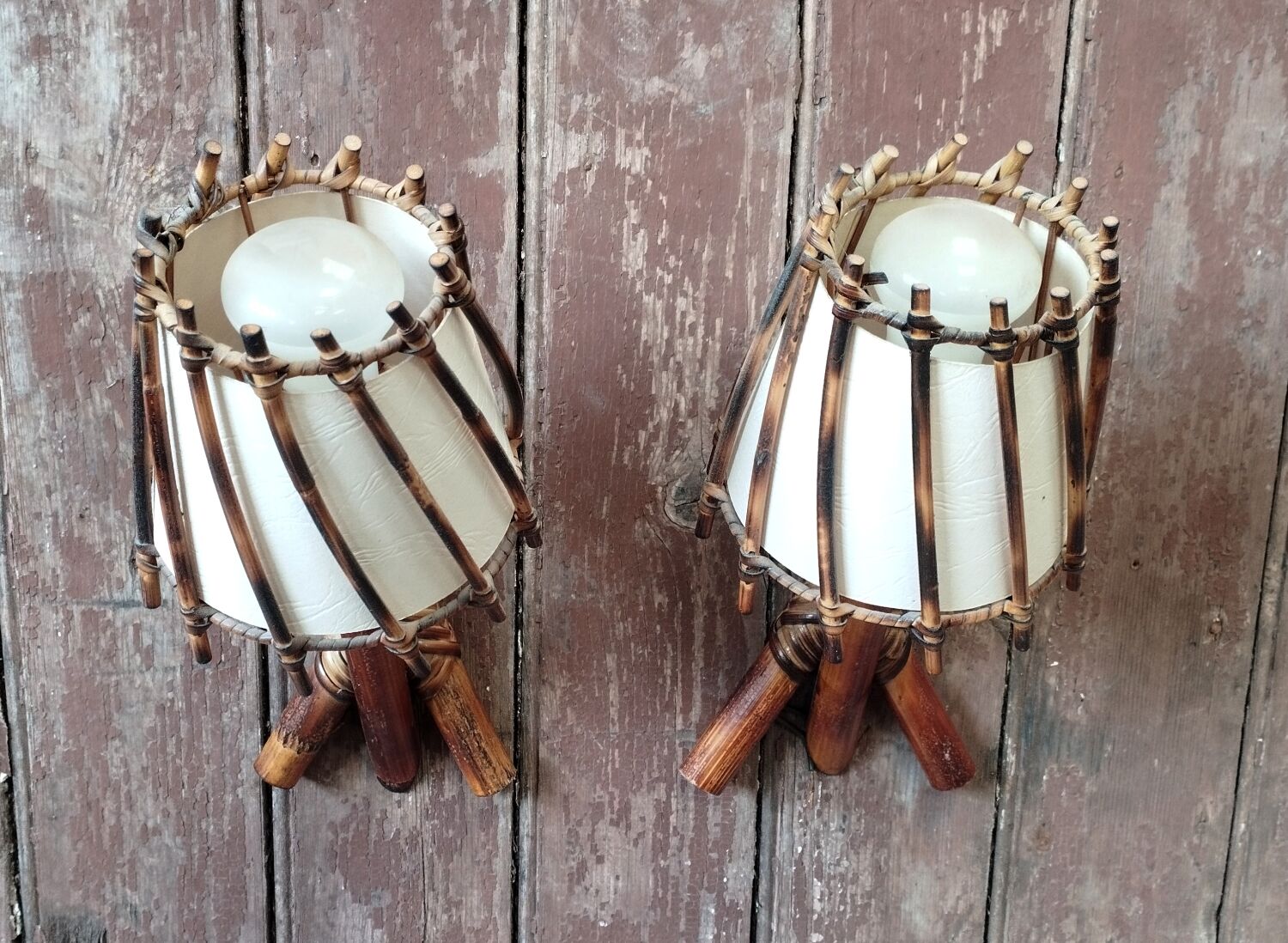 Pair of vintage rattan and bamboo wall lights