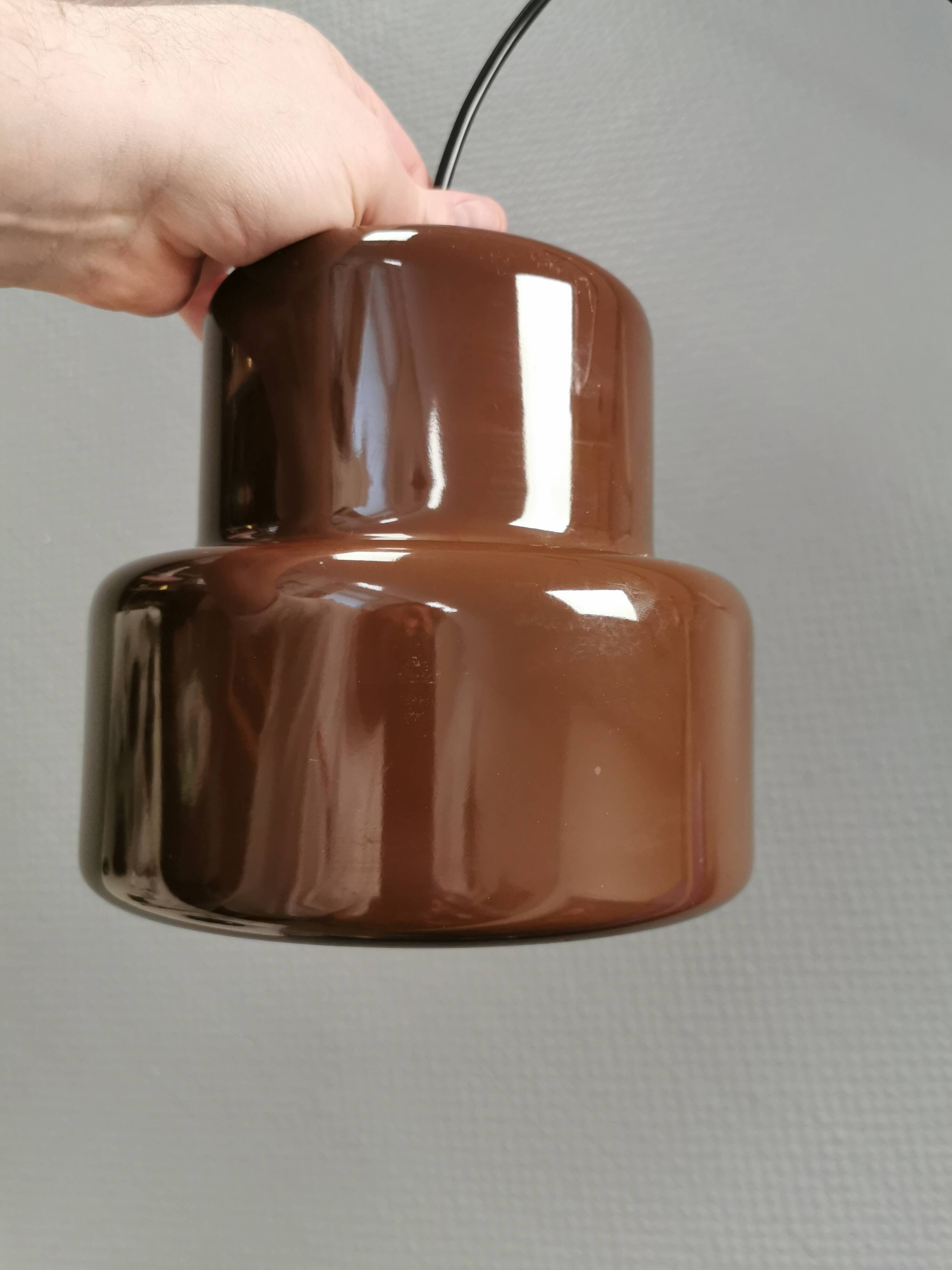 Mini poker hanging lamp in original brown colour by Jo Hammerborg 1977.